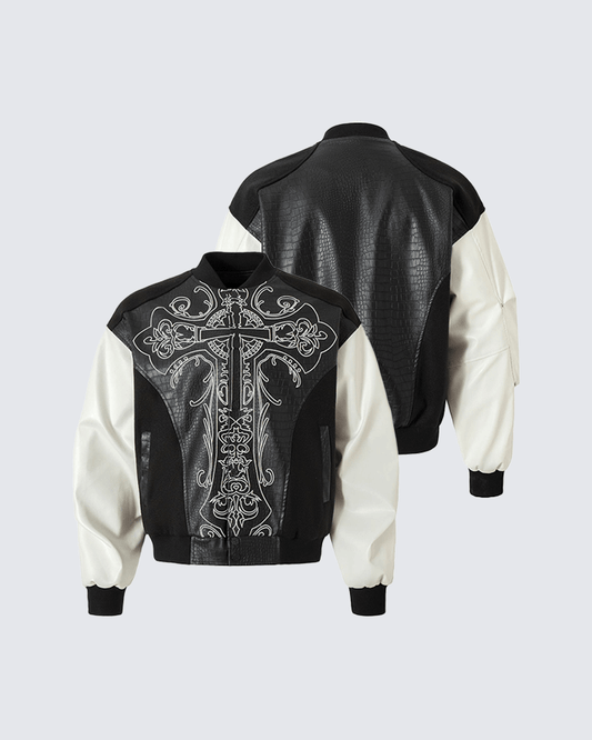 Gothic Cross Embroidered Faux Leather Varsity Jacket