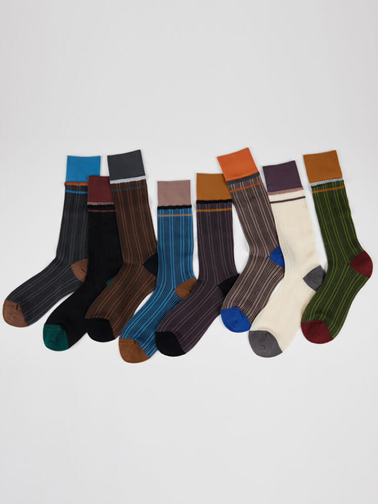 Men's Retro Color Block Thin Striped Calf Socks