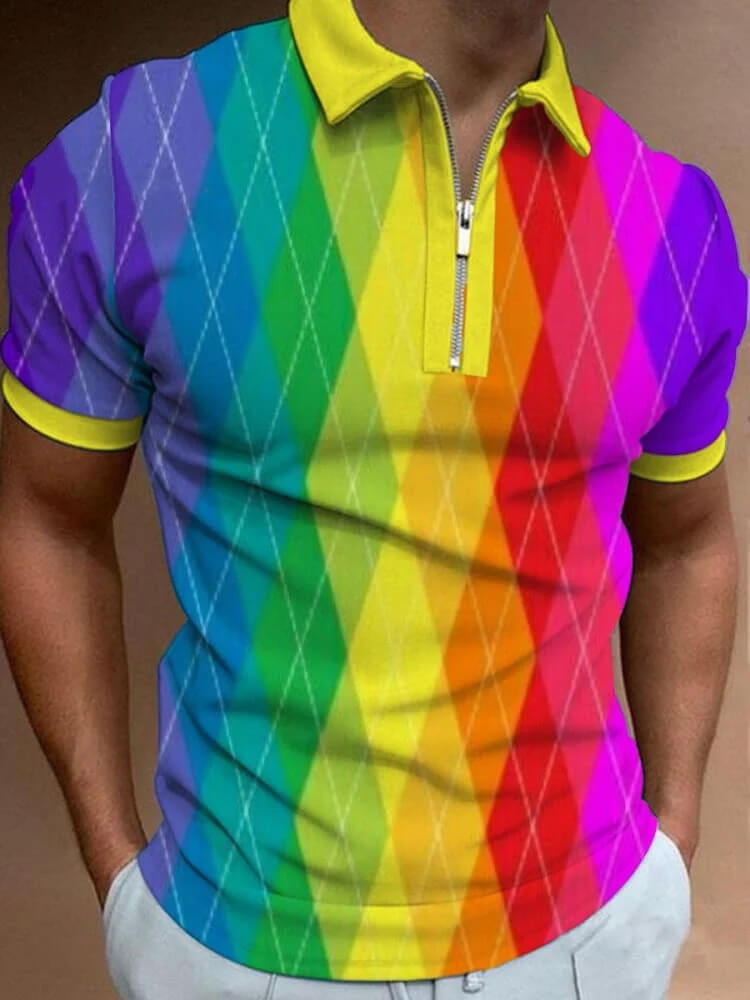 Men's Gradient Rainbow Checkered Polo Shirt