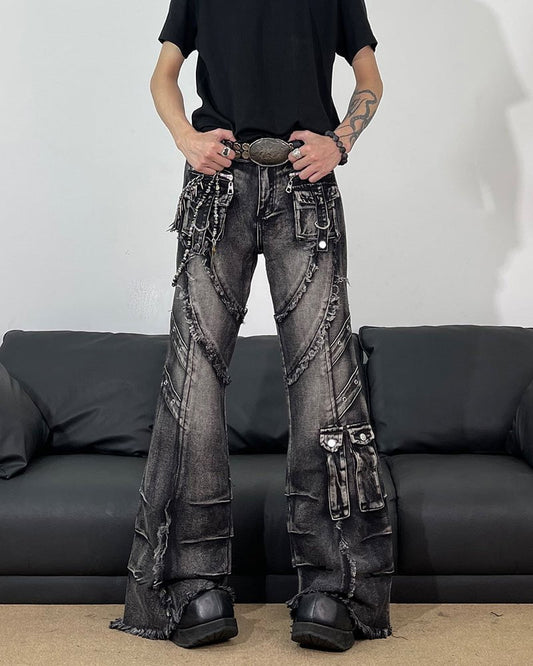 Frayed Flare Denim Cargo Pants