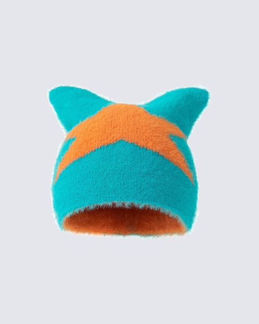 Star Pattern Cat Ears Knit Hat