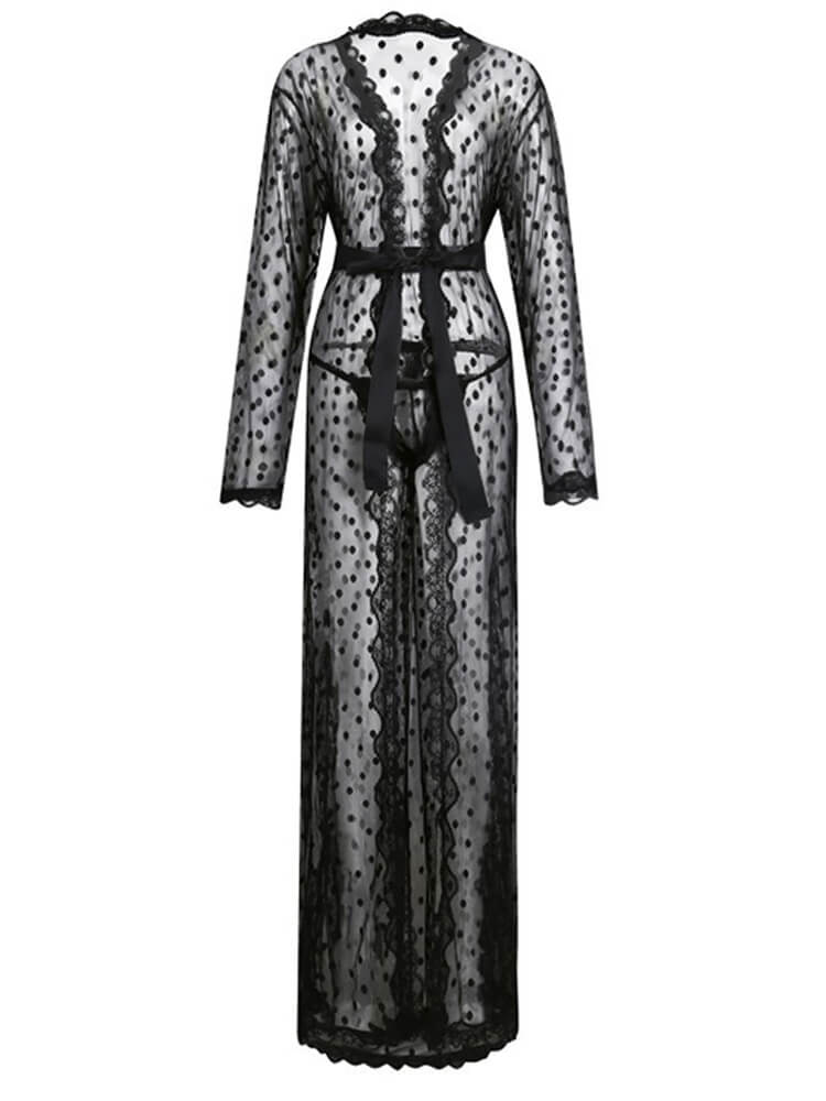 Men's Polka Dot Long See Through Lace Bathrobe