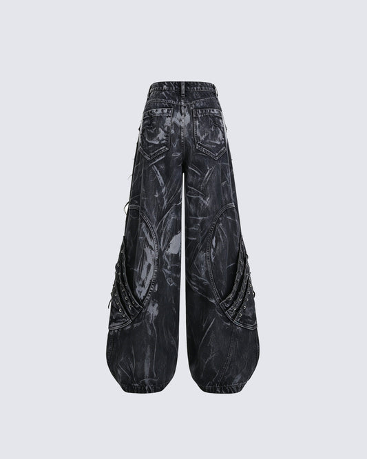 Vintage Washed Patchwork Lace-Up Wide Jeans
