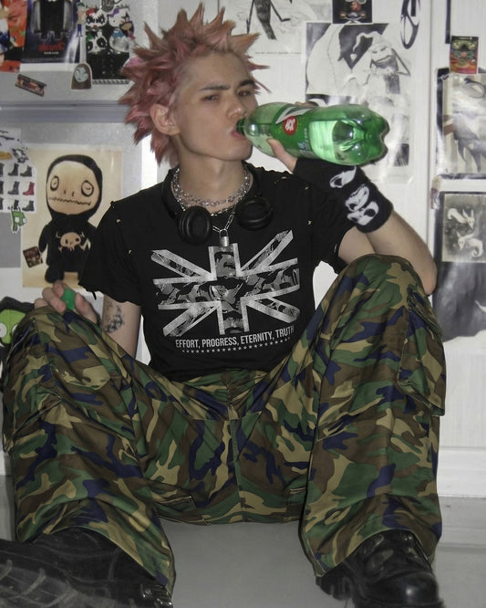 KIIKIO-New Y2K Distressed Union Graphic Washed Black T-Shirt