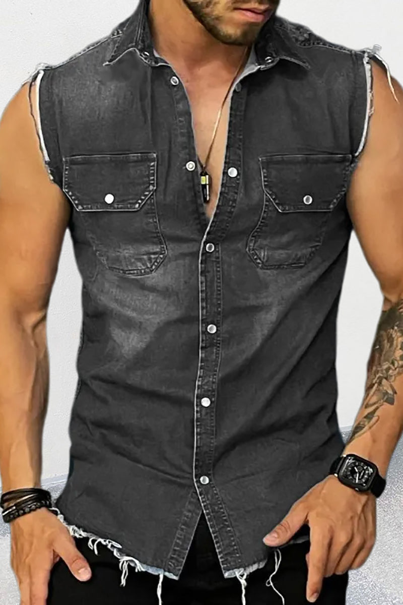Men's Casual Denim Lapel Sleeveless Tank Top