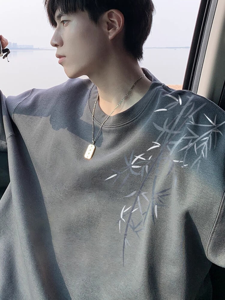 Men's Chinese-Style Bamboo Print Loose T-Shirt