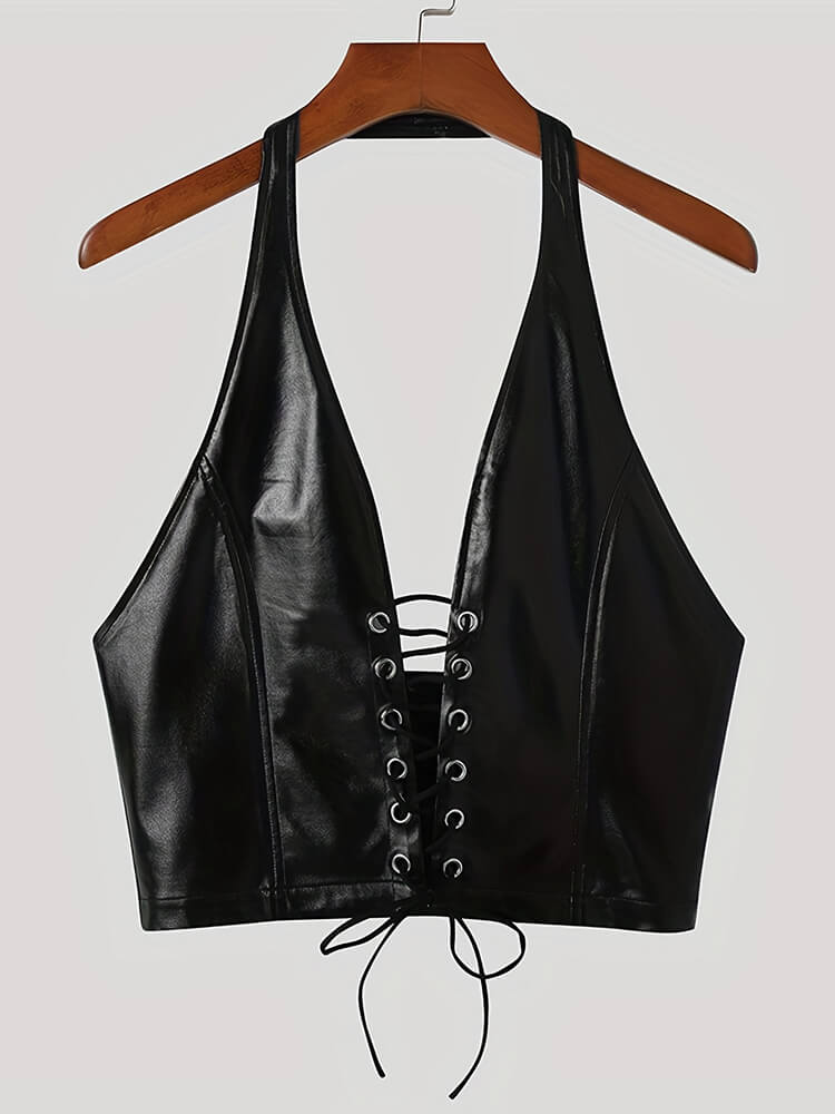 Men's Sexy Halterneck Lace-Up Cutout Pu Vest
