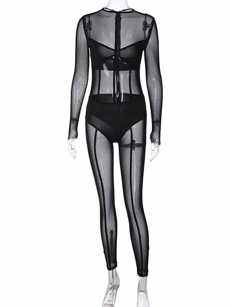 Long Sleeve Mesh Semi-Sheer One-Piece Pants