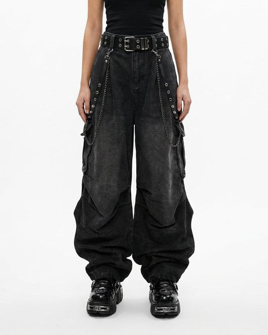 Washed Pocket Cargo Pants(Free Belt and Chain Included)