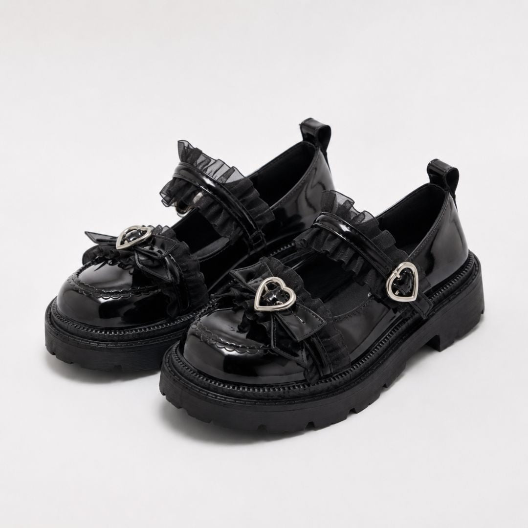 Noir Heart Ruffle Mary Janes