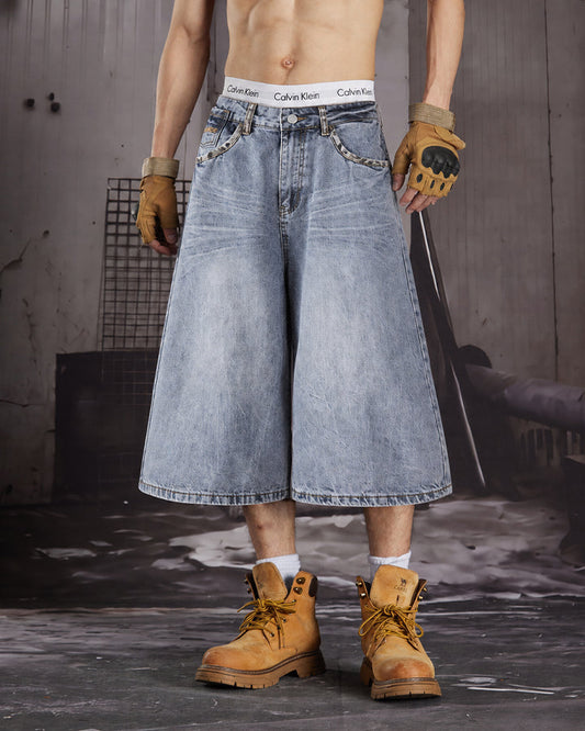 Punk Leopard Patch Embroidered Wide Denim Shorts