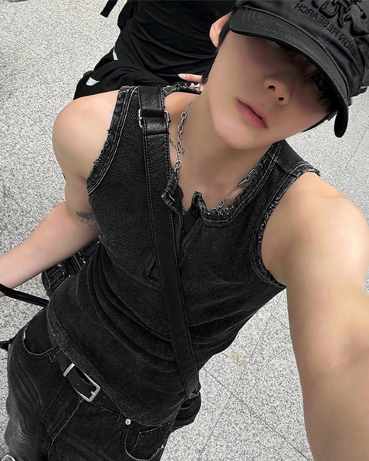KIIKIO Vintage Washed Henley Neck Slim Fit Ribbed Tank Top