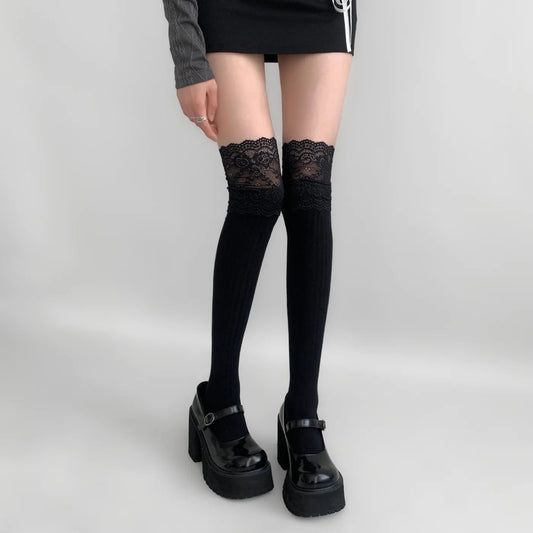 Lace Trimmed Cotton Long Socks