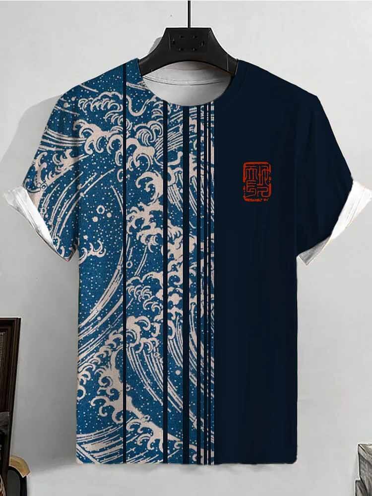 Men's Casual Sea Wave Color Block Print T-Shirt
