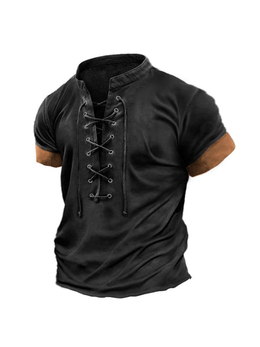 Men's Retro Lace-Up Design Casual T-Shirt