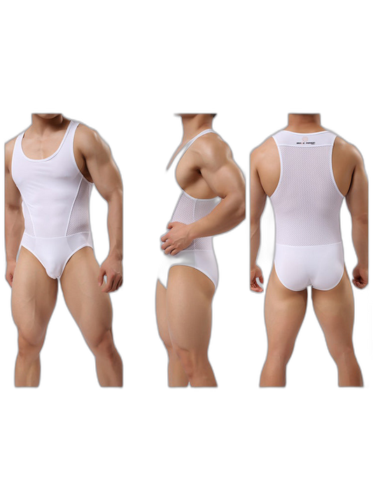 Mens Sexy Sheer Mesh Wrestling Bodysuit