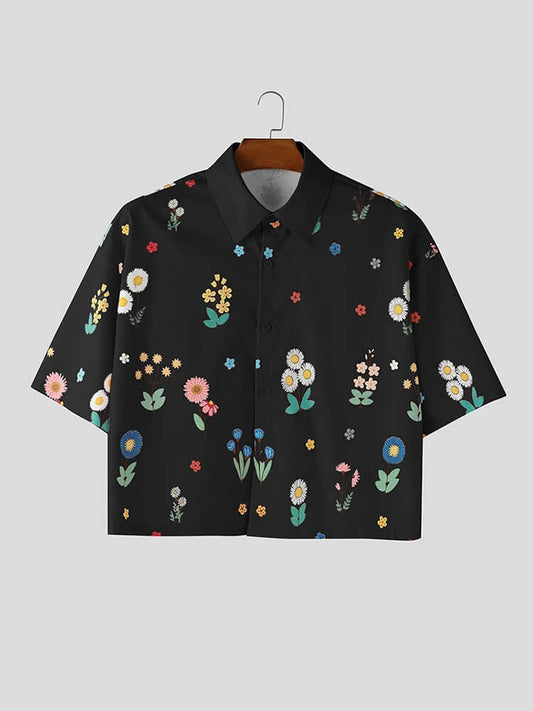Men's Floral Print Loose Short-Sleeve Cropped Shirt
