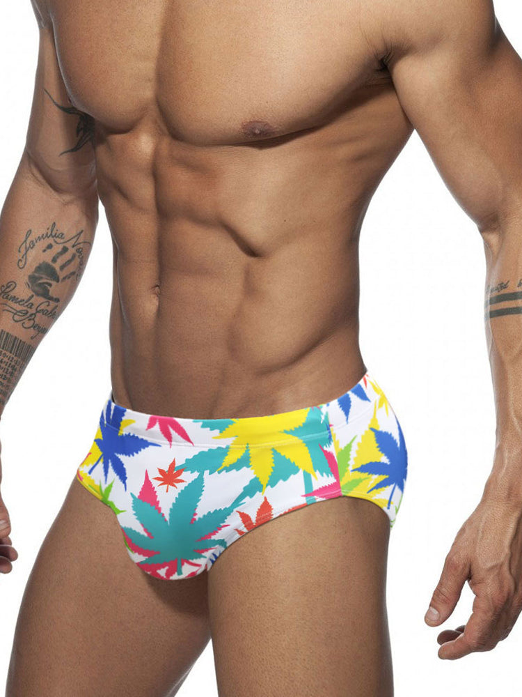 Colorful Maple Leaf Print Swim Briefs with Cups