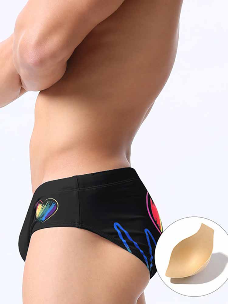 Men's Rainbow Paint Heart Print Swim Briefs
