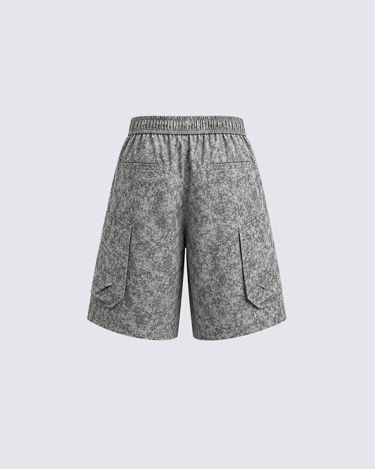 Grey Floral-Texture Utility Drawstring Shorts New