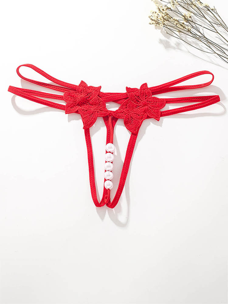 Sexy Thin Strap Hollowed-Out Pearl No-Remove Thong