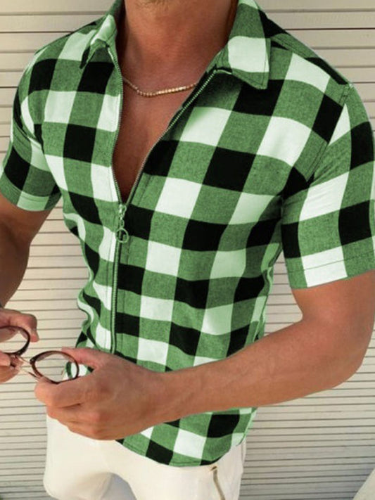 Men's Slim-Fit Lapel Plaid Print Zip-Up Top