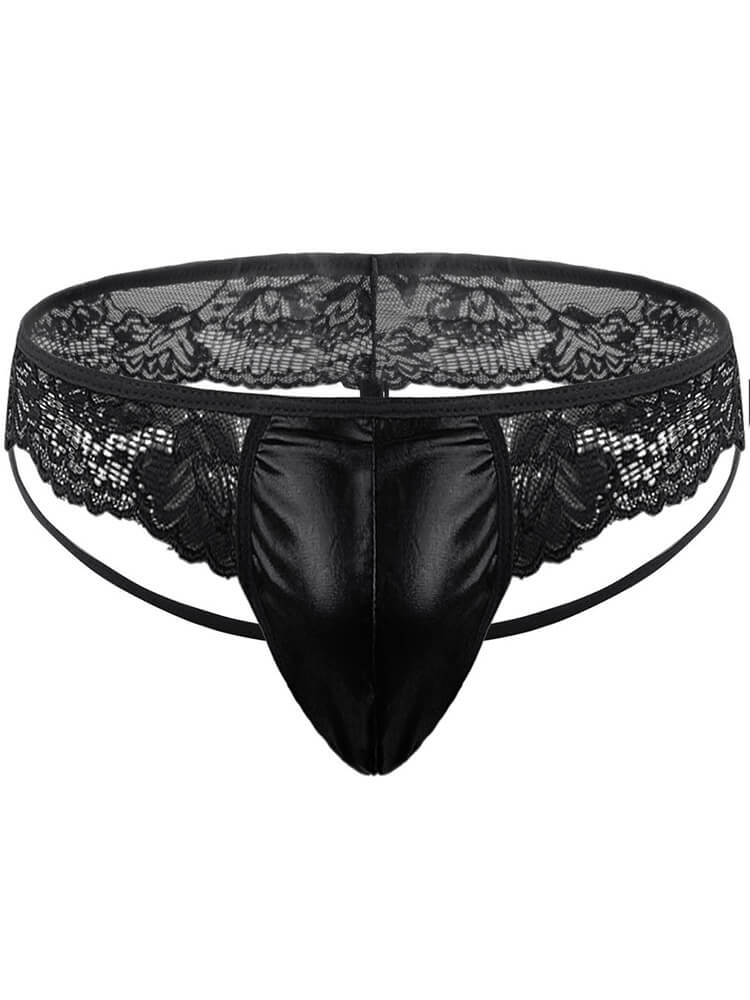 Men's Sexy Leather Hollow Lace Solid Color Thong