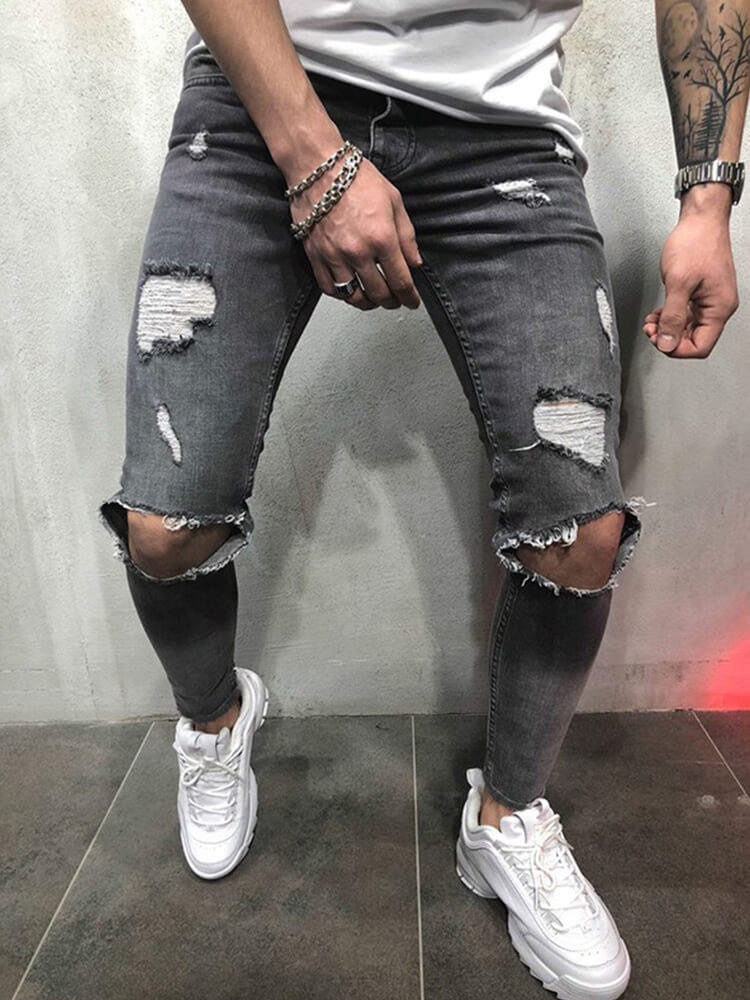 Men's Street-Style Ripped Knee Slim-Fit Jeans