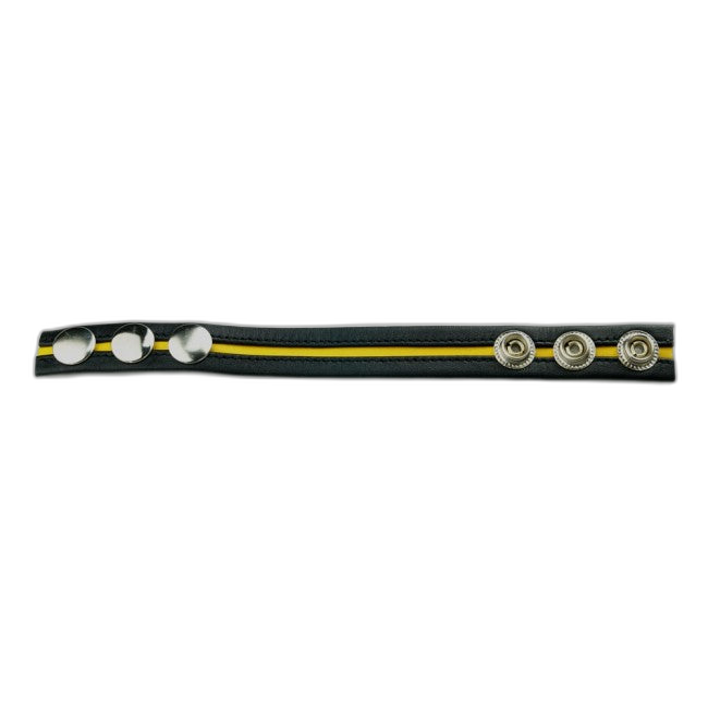 Prowler RED Leather Cock Strap Black with Yellow Stripe