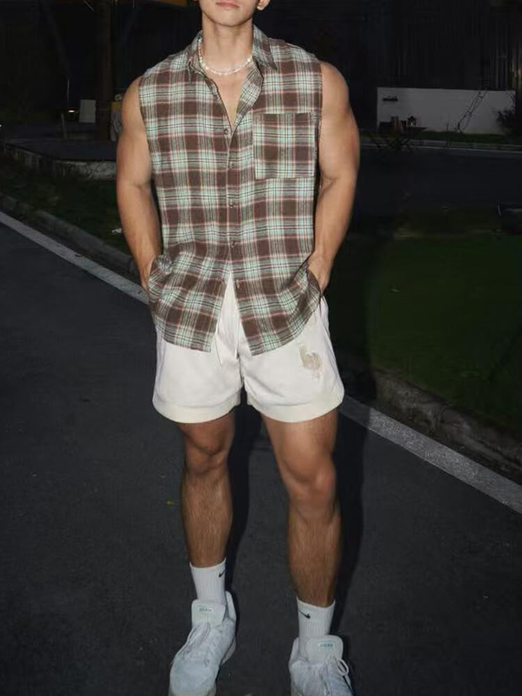 Men's Casual Loose Plaid Polyester Shirt Vest