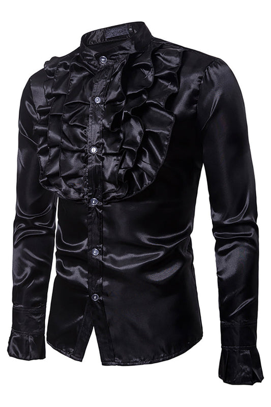 Ruffle Stand-Up Collar Satin Long Sleeve Solid Color Vintage Shirt