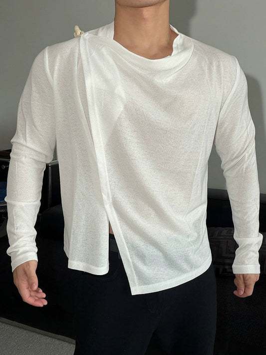 Men's Asymmetric Semi-Sheer Long Sleeve Thin Top