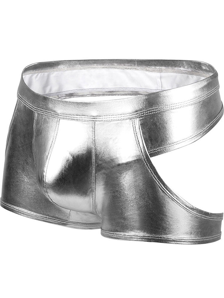 Men's Faux Leather Low Rise Sexy Back Open Boxer Briefs