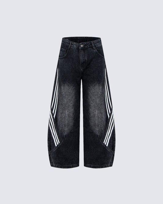 Striped Panel Washed Denim Pants