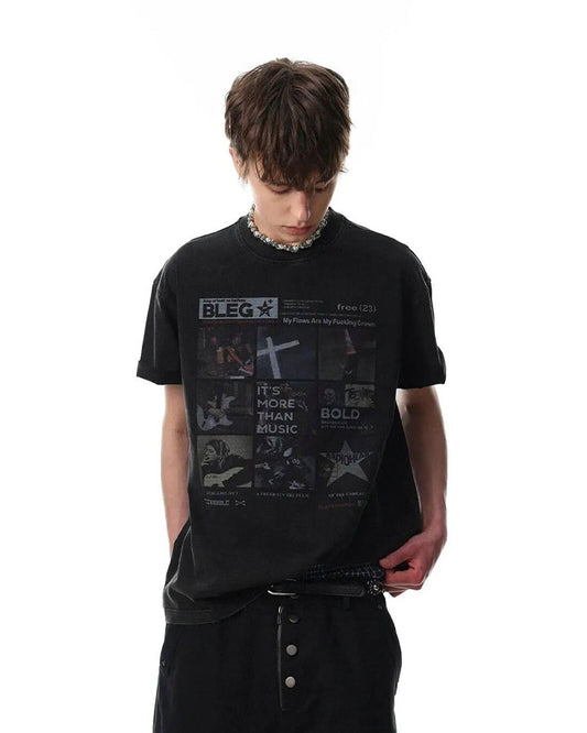 Vintage Graphic Print Music Theme Short Sleeve