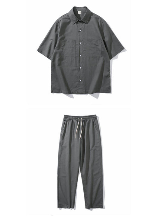 Men's Short-Sleeved Collared Shirt Loose Pants Set