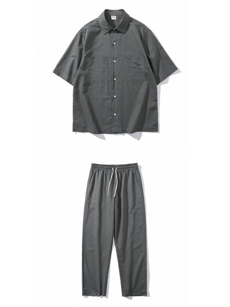 Men's Short-Sleeved Collared Shirt Loose Pants Set
