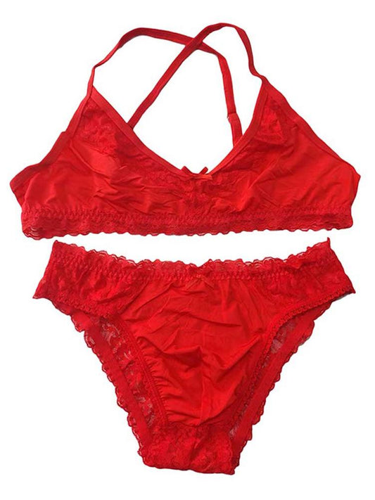 Men's Sexy Solid-Color Lace Trim Bra Briefs Set