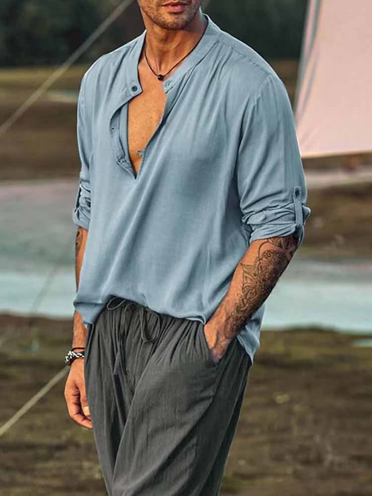 Men's Solid Color Cotton Linen Half-Open Shirt
