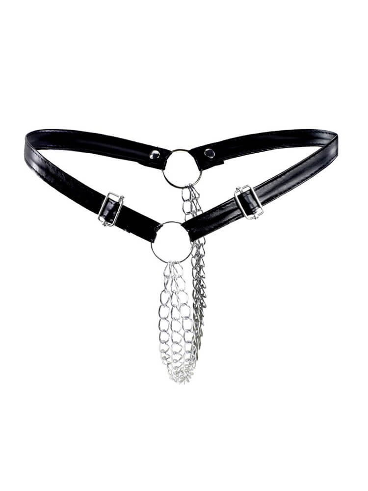 Men's Sexy Faux Leather Belt Chain Thong