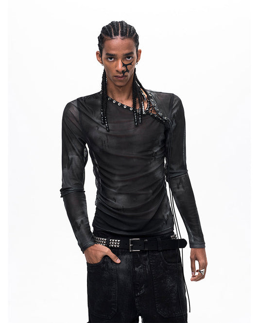 Subculture Gothic Lace-Up Sheer Mesh Long Sleeve Top New