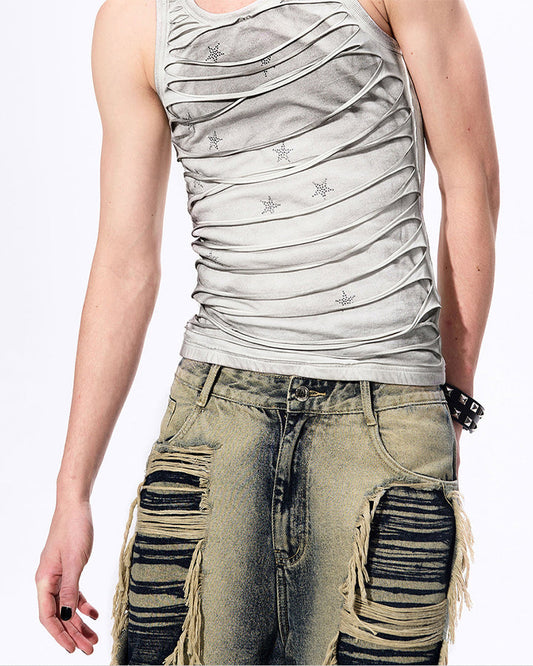 Grunge Acid Wash Star Rhinestone Cutout Ribbed Tank Top