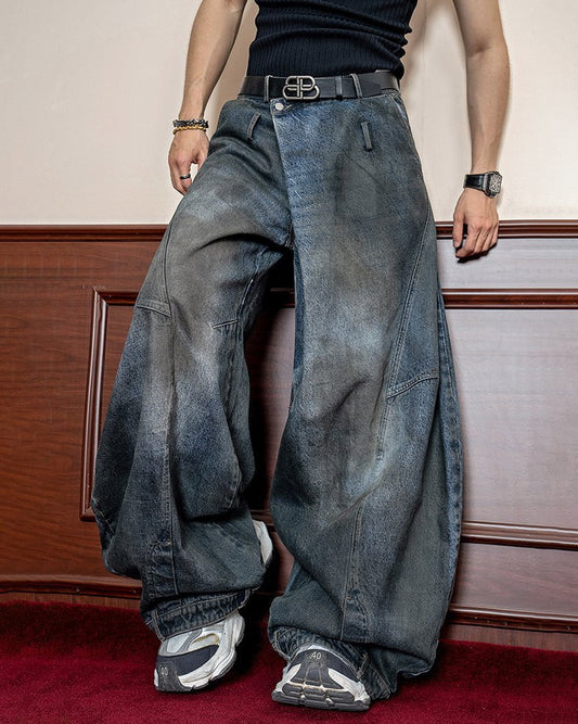 Washed Reverse-Waist Wide-Leg Jeans