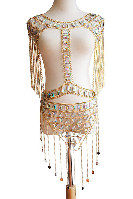 Rhinestone Single Circle Long Tassel Body Chain Set
