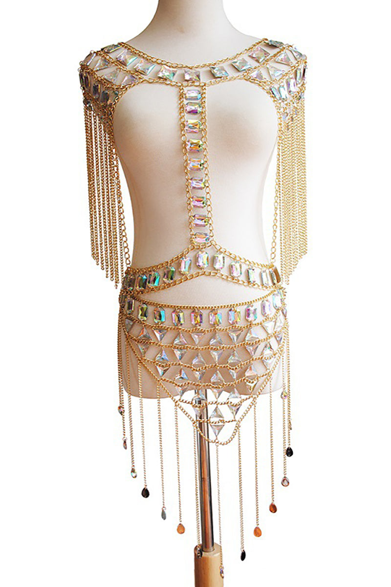 Rhinestone Single Circle Long Tassel Body Chain Set