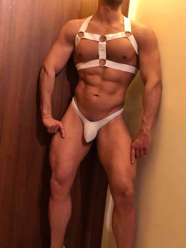 Men's Solid Color Chest Strap Thong Two-Piece Set