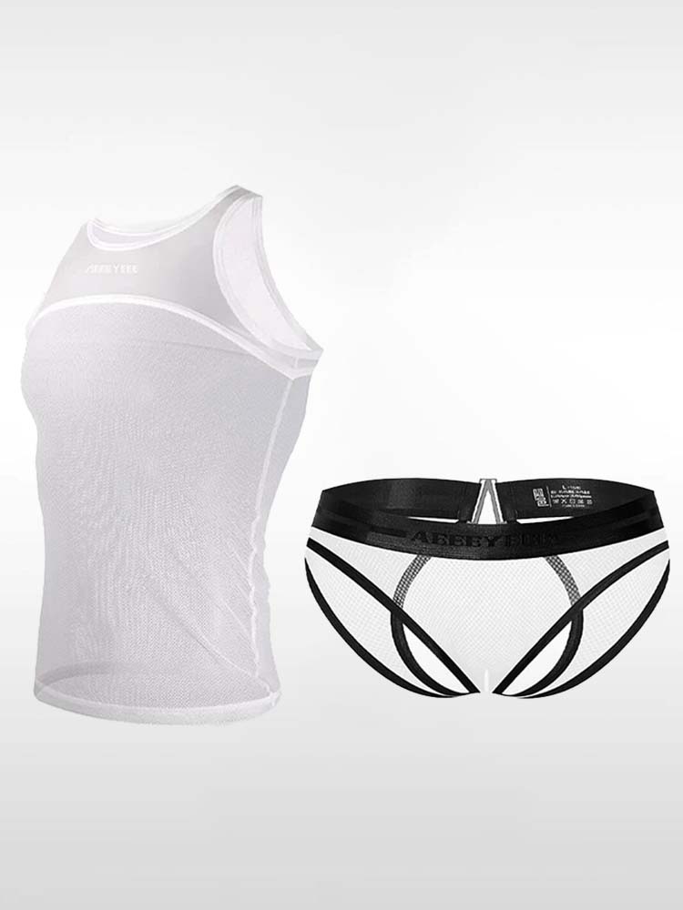 Men's Sexy Sheer Mesh Tank Top and Cutout Briefs