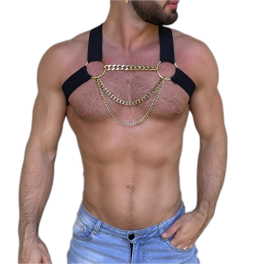 Elastic Chest Harness with Gold Chains