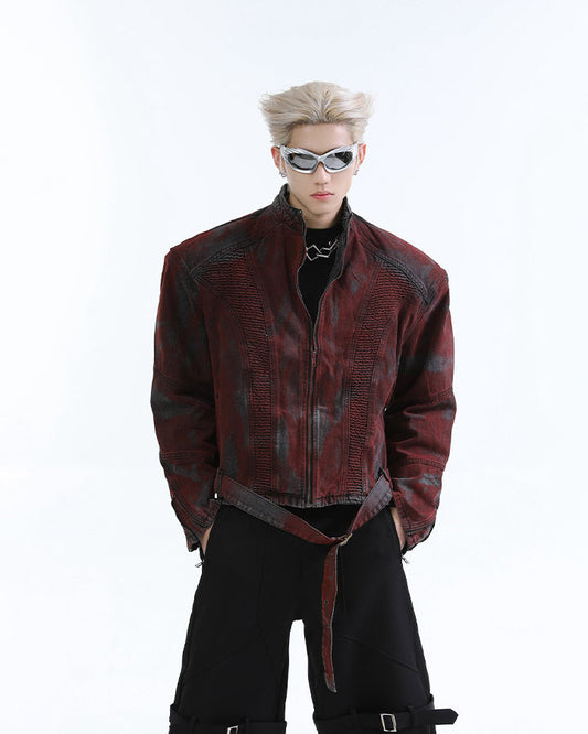 New Red Gothic Washed Belted Cropped Biker Jacket
