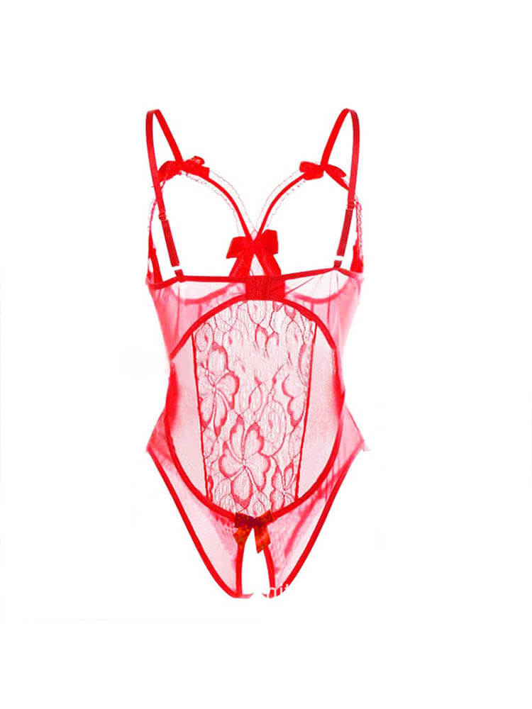 Sexy Lace Bow-Embroidered Open-Crotch Bodysuit